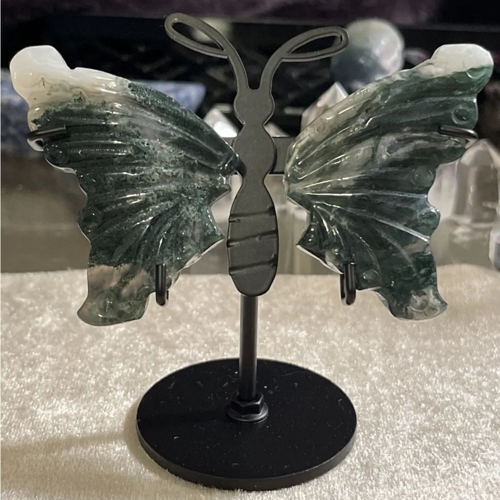 Moss Agate Butterfly Wing 2.2” Set 56g With Stand